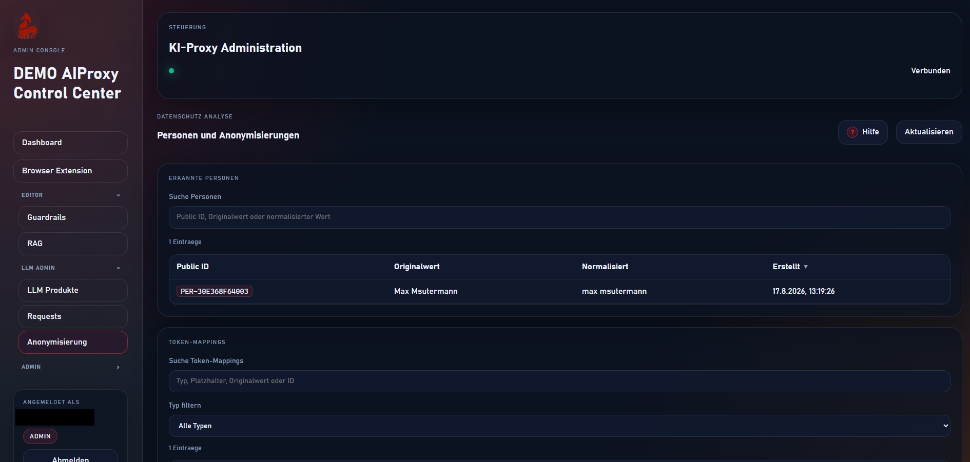 Verwaltung erkannter Personen und Token-Mappings im AI Proxy Admin