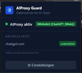 AI Proxy Guard Browser Extension mit aktivem Whitelist-Status für ChatGPT