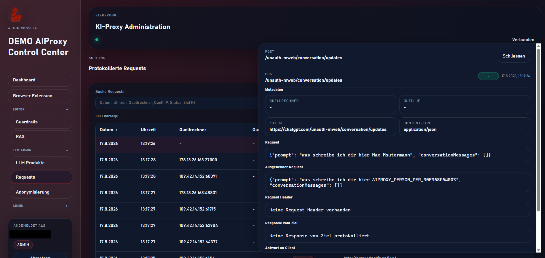 Protokollierter Request mit Original- und anonymisierter Anfrage im Audit-Log